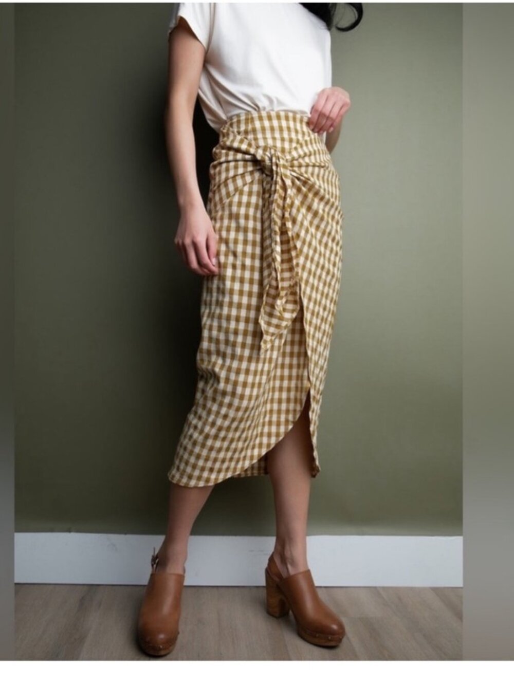 NWT Miou Muse Mustard and Cream GINGHAM Skirt Tie Front Midi